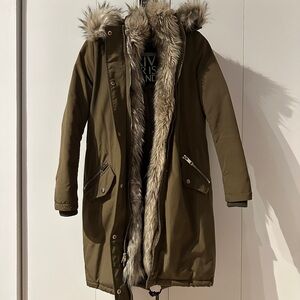 River Island Olive Green Insulated Padded Parka Winter Coat w/Removable Faux Fur